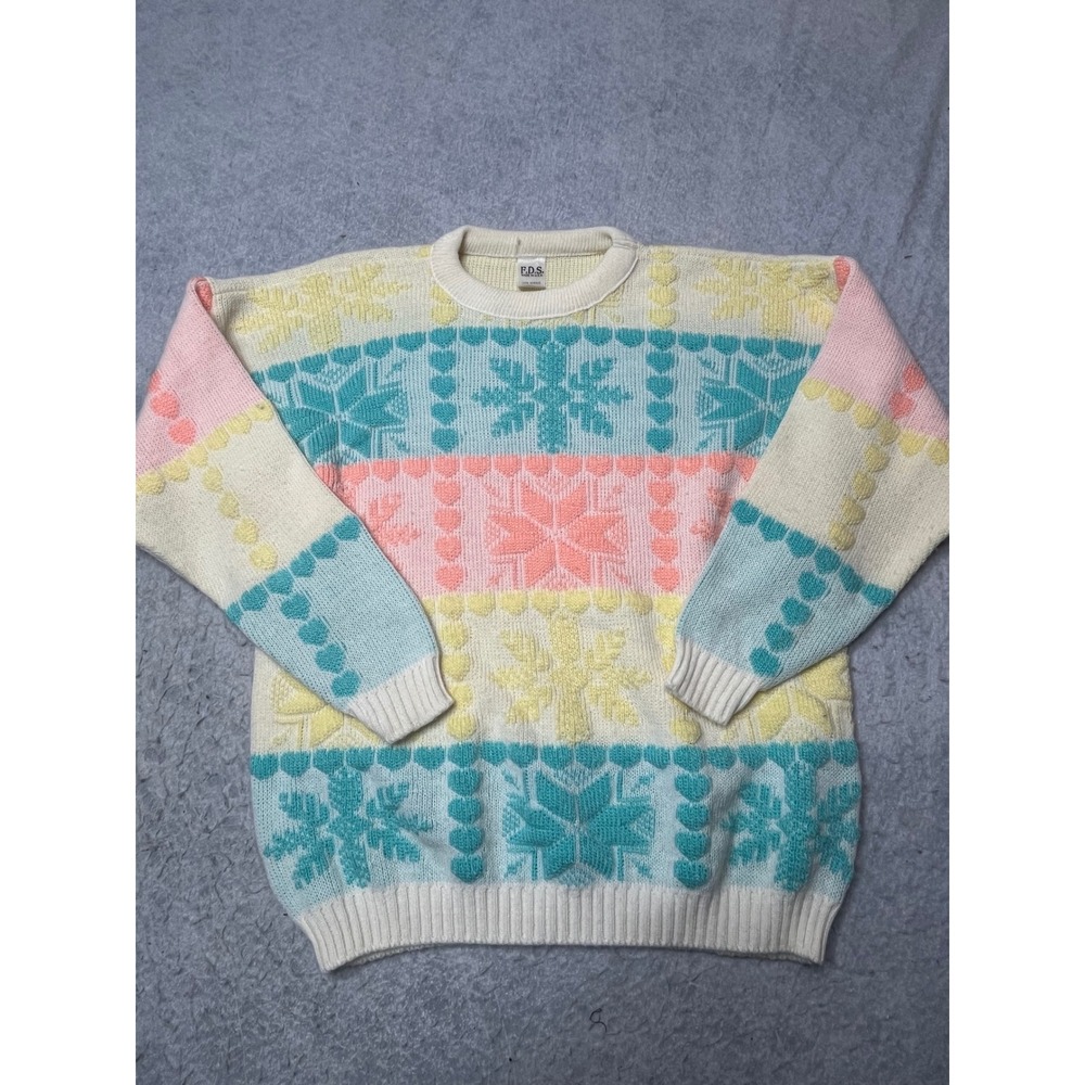 Vintage 80s FDS Pastel‎ Colorblock Snowflake Heart Sweater USA unique Crewneck